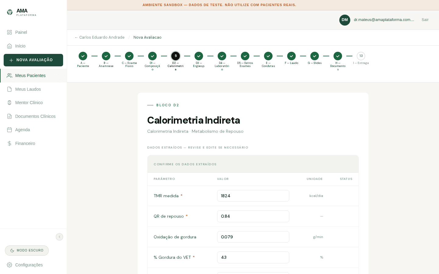Plataforma AMA · módulo de Calorimetria Indireta em produção