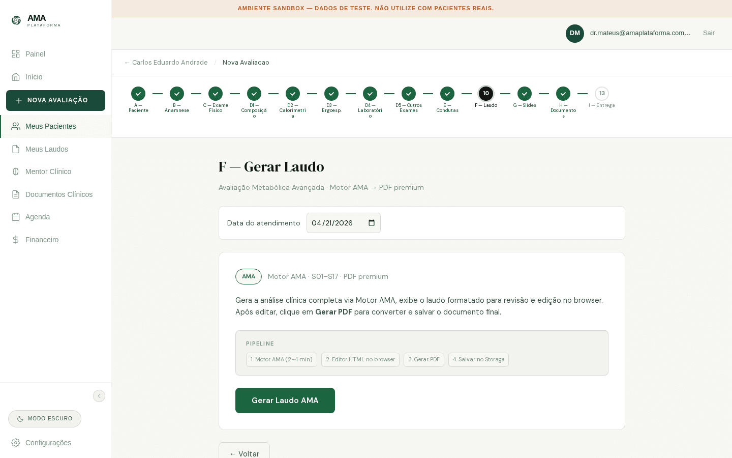 Plataforma AMA · geração de laudo com método aplicado